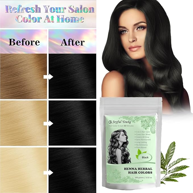 3IN1 Henna Hair Color - 30 Min Fast Herbal Hair Dye for Gray Coverage, Conditioning & Hair Treatment - No Ammonia, Semi-Permanent, Plant-Based (BLACK)