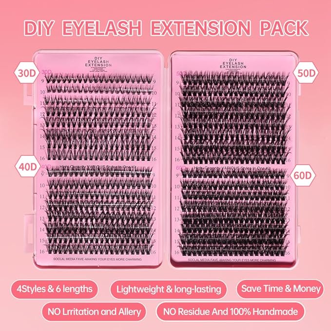 DIY Lash Clusters Kit Lash Extension Kit, 640pcs,30D&40D&50D&60D, 9-16mm, D Curl, Natural Volume Lash Extensions Wispy Eyelash Clusters Individual Lashes Kit,1#Black