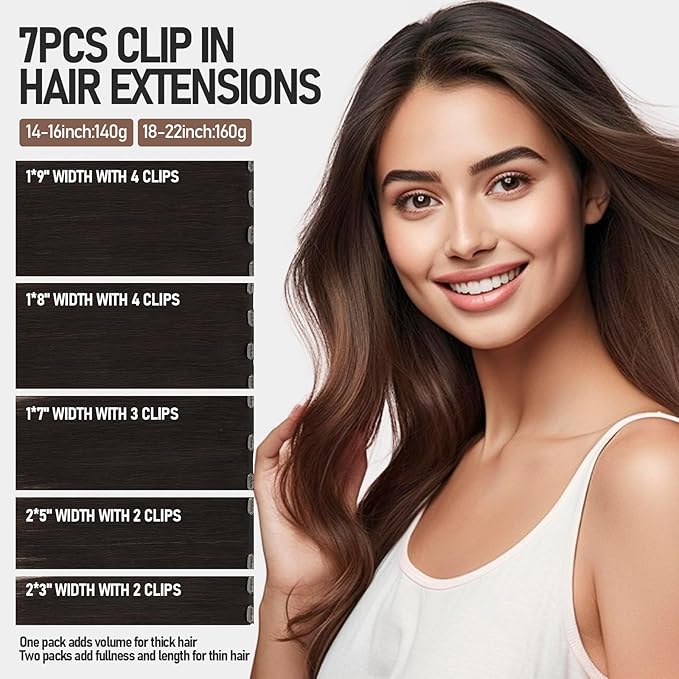 VINBAO Clip in Hair Extensions Human Hair 160G 18Inch 7Pcs Darkest Brown Human Hair Extensions Thicker Clip in Hair Extensions Real Human Hair Clip Ins Thick Full Head (#HC2,18'')