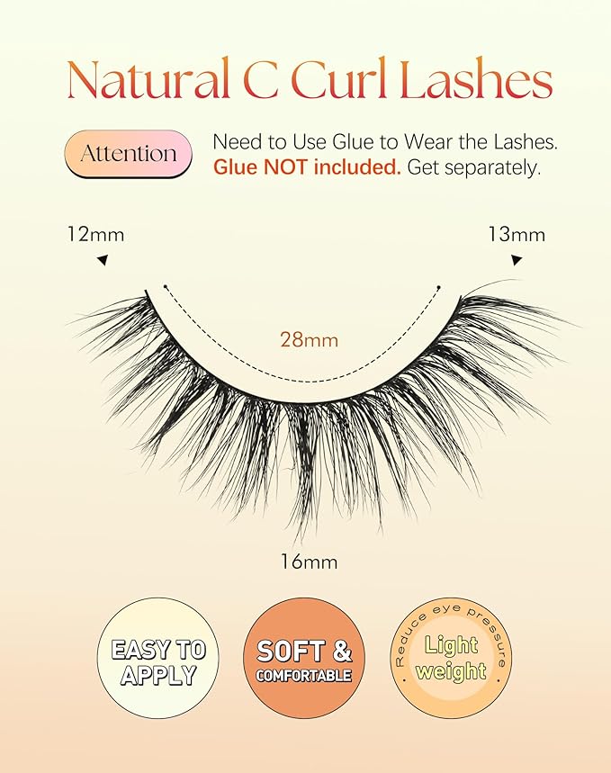 False Lashes 16MM Eyelashes Natural C Curl Lash Strips Fluffy Lashes with 0.1MM Thin Band 3D Volume Fake Eyelashes Pack ChirpyLuna 7 Pair