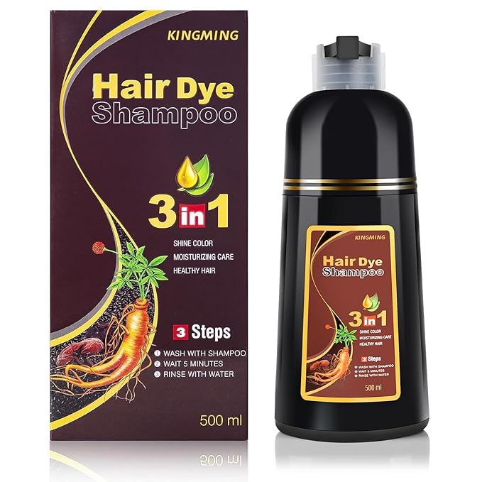 KINGMING Dark Brown Herbal Instant Color Shampoo for Gray Hair Coverage for Women & Men - 3 in 1 Champu Con Tinte Para Canas 500ml