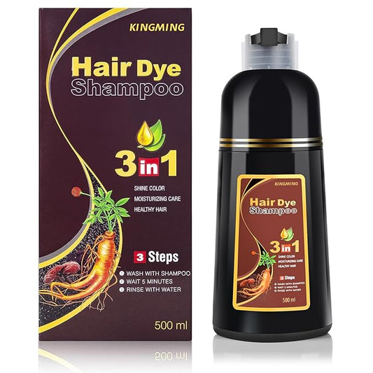 KINGMING Dark Brown Herbal Instant Color Shampoo for Gray Hair Coverage for Women & Men - 3 in 1 Champu Con Tinte Para Canas 500ml