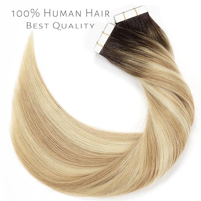 LacerHair Tape in Hair Extensions Human Hair 18 Inch Pu Weft Tape in Human Hair Extensions Caramel blonde Mixed Bleach blonde with Darkest Brown Roots 50 Gram Remy Human Hair R#2-27/613