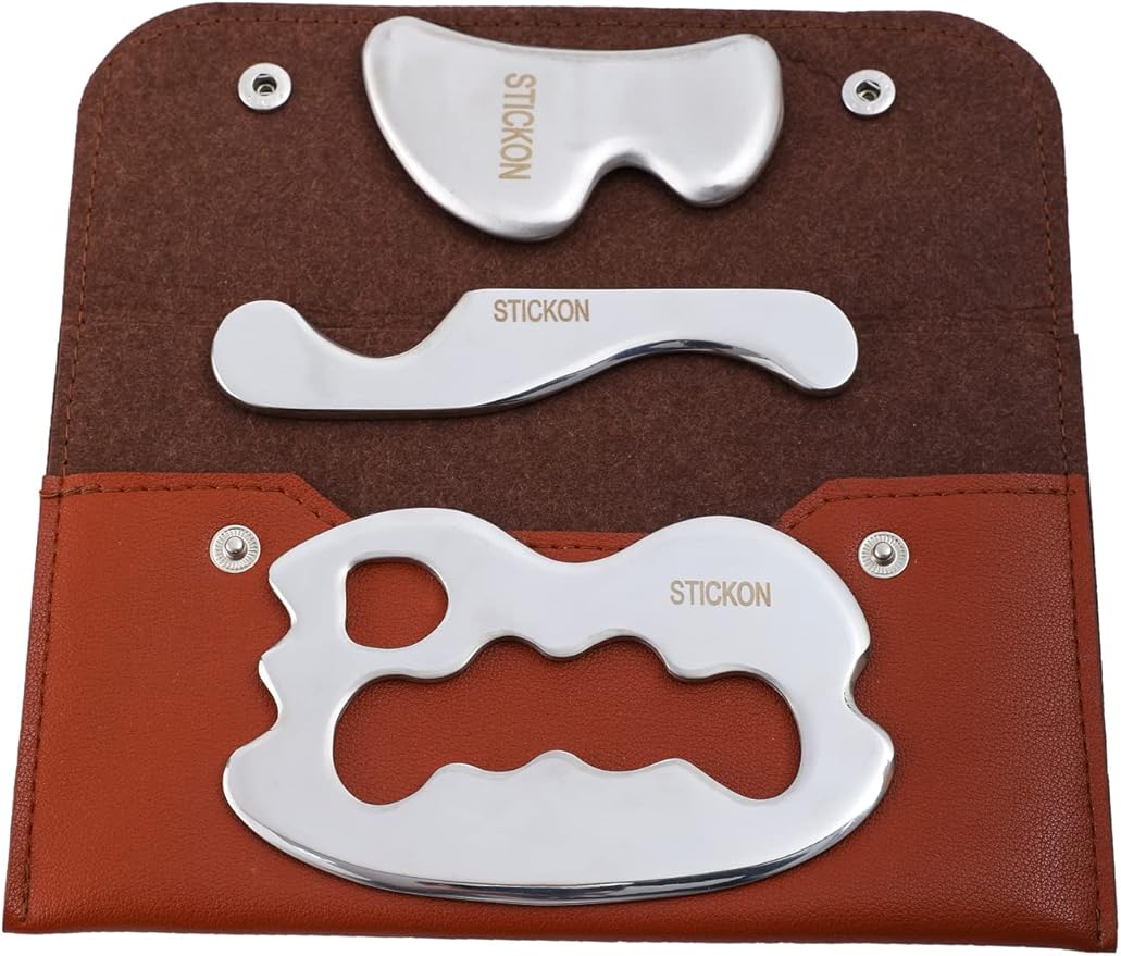 STICKON 3 in 1 Stainless Stee Gua Sha Set, Scraping Massage Tools Kit & IASTM Tool for Physical Therapy, Guasha Massage Scraper,IASTM Tools,Fascia Scraper,Soft Tissue Massage Tool(STICKON-38)