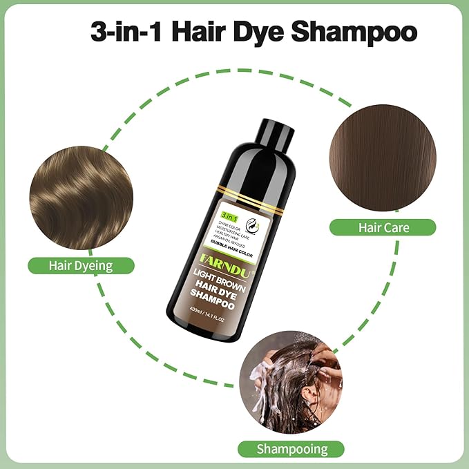 Light Brown Hair Dye Shampoo for Gray Coverage, 3 IN 1 Color Shampoo for Women and Men
