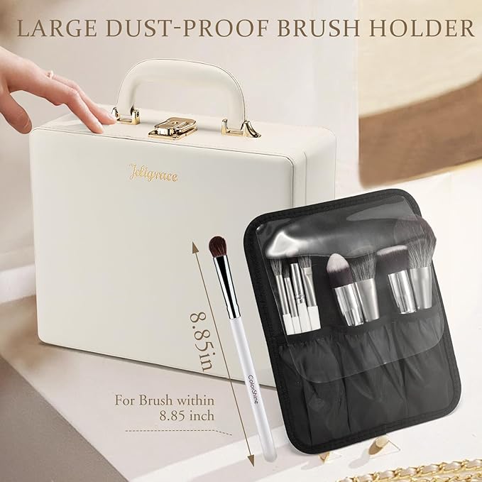 Joligrace Travel Makeup Case with Mirror,Travel Makeup Organizer Case, PU Leather Makeup Train Case Portable Makeup Box Storage Bag,with Adjustable Dividers & Brush Holder (Black)