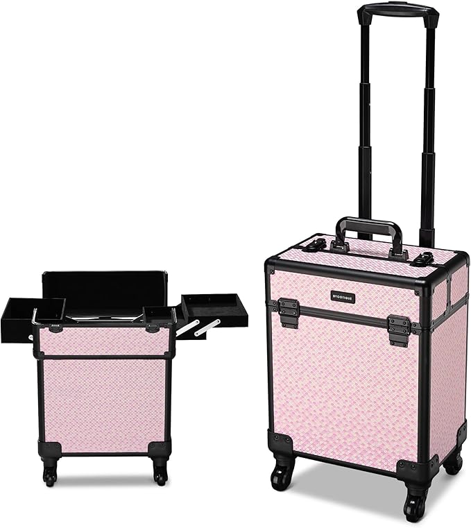 BYOOTIQUE Rolling Makeup Case on Wheels Travel Suitcase Salon Art Deco Bloom