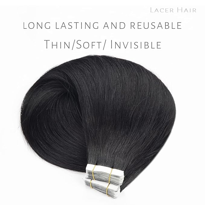 Lacer Hair Semi-permanent Real Remy Human Tape on Hair Extensions 50g 20pcs Tape Attached Skin Weft Invisible Seamless Reusable Jet Black Color #1 22 Inch