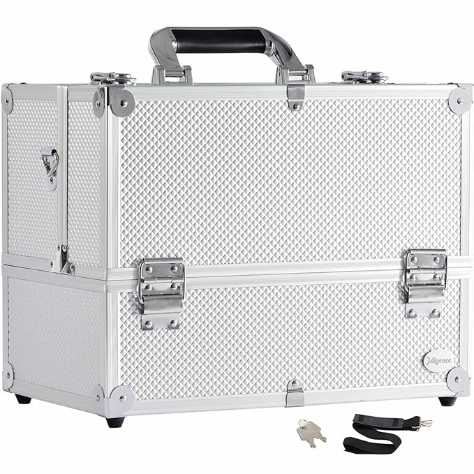Joligrace Extra Large Makeup Train Case 6 Tray Make Up Artists Organizer Box Lockable Cosmetic Jewelry Toiletries Carrier Crafters Tool Cases with Adjustable Dividers & Shoulder Strap - Silver