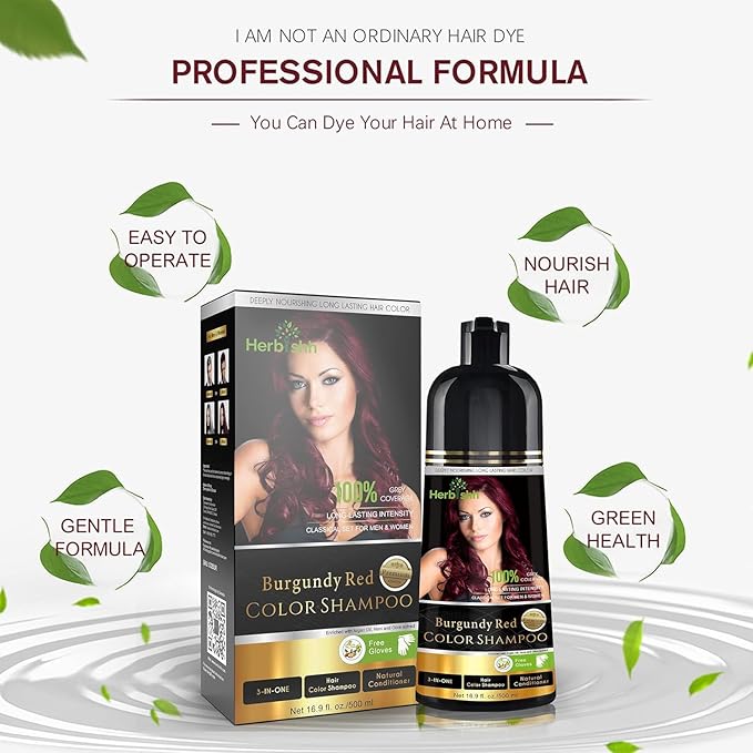 Herbishh Burgundy Hair Color Shampoo - 3-In-1 Magic Dye for Gray Hair 500 Ml + Essential Flower Hair Oil - Organic Formula for Dry, Damaged Hair 60 ML