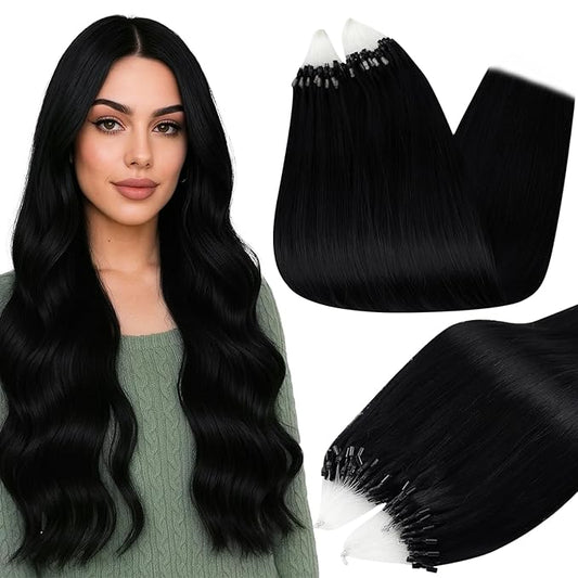 Full Shine Micro Loop Hair Extensions Real Human Hair 18 Inch 50 Grams Natural Black Beaded Hair Extensions Cold Fusion Natural Straight Remy Hair add Lengh