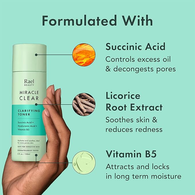 Rael Toner for Face, Miracle Clear – Daily Toner with Succinic Acid, Vitamin B5, Hydration, Korean Skin Care (5.1 oz)