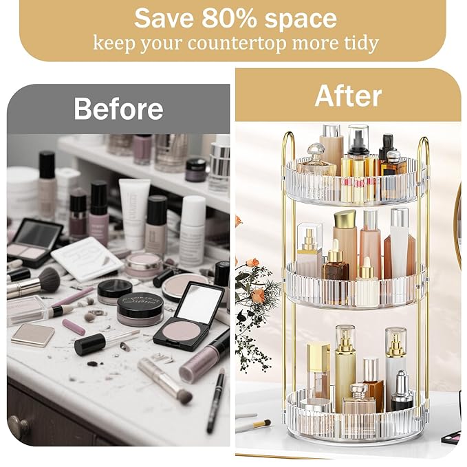 MOKANI 360 Rotating Makeup Organizer for Vanity, 3 Tier Adjustable Perfume Organizer for Dresser, Multi-Function Spinning Cosmetics Skincare Storage for Bedroom, Dresser, Countertop, Clear