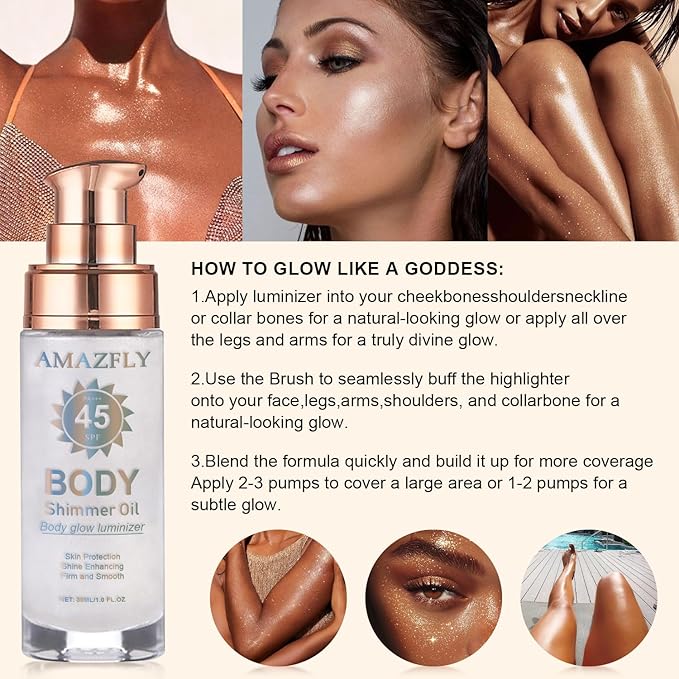 Shimmer Body Oil, SPF 45 Broad Spectrum, Sunscreen Face and Liquid Luminizer Waterproof Moisturizing, Light Shimmer Glow Illuminator, Smooth Body Highlighter Makeup (#02 Diamond Platinum)