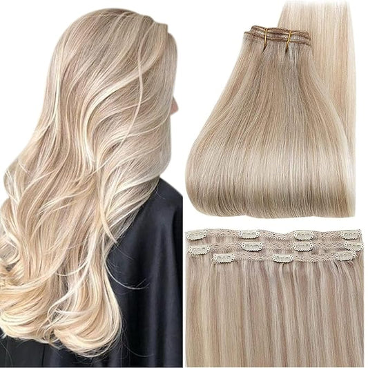 Full Shine Clip in Hair Extensions 3 Pcs 60 G Ash Blonde Highlights Bleach Blonde Human Hair Extension Clip ins Invisible Hair Extensions for Thin Hair 20 Inch