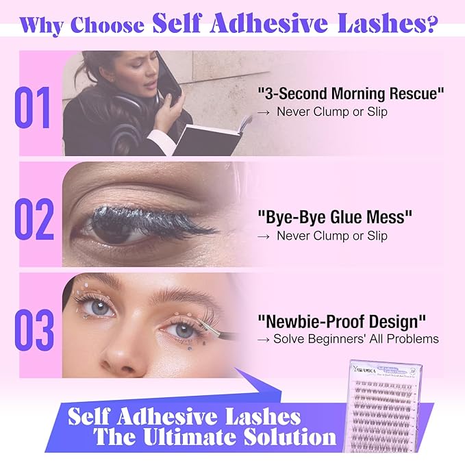 Yawamica Natural Self Adhesive Lash Clusters 10-16mm Reusable Press On Lashes No Glue Needed Eyelash Clusters Invisible Clear Band Pre Glued Cluster Lashes for Effortless Salon Eyelash Extension Look