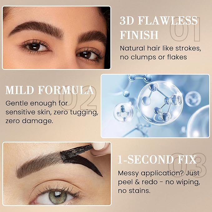 Tattoo Eyebrow Gel Easy Peel Off - Gray Brown Eye Brow Gel Eyebrow Dye Eyebrow Tattoo Peel Off, Natural Safe Brow Color for Women Sparse Brows, Easy Use Lasts 3 Days, Waterproof & Transfer-proof - 03