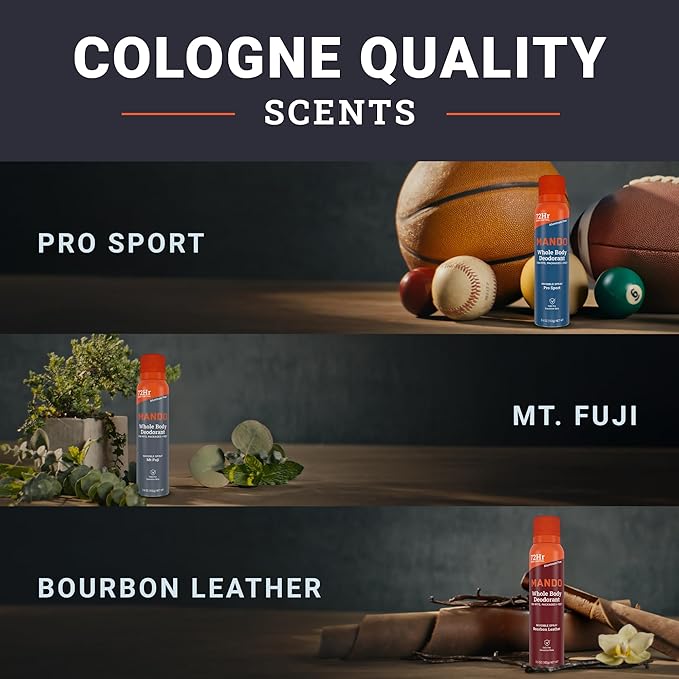 Mando Whole Body Deodorant For Men - Invisible Spray Deodorant - 72 Hour Odor Control - Low Irritation Formula - Aluminum Free, Benzene Free - 3.6 ounce - 3pk - Bourbon Leather, Mt Fuji, Pro Sport
