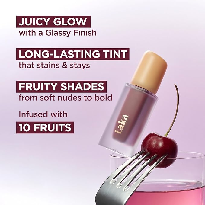 Laka Fruity Glam Tint, 4.5g/0.15oz, Glowing Lip Stain with Wide Color Spectrum, Hydrating & Lightweight Texture, Long-Lasting Bold Stain, Non-Sticky, Vegan, K-Beauty (#122 Rosyrose)