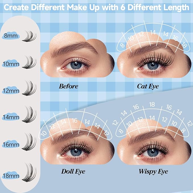KevKev Lash Clusters 168 Pcs Cluster Lashes DIY Lash Extensions Mixed Styles Individual Lashes Eyelash Clusters Thin Band & Soft False Lashes Wispy Natural Lash Extension Clusters (Breeze, D-8-18mix)