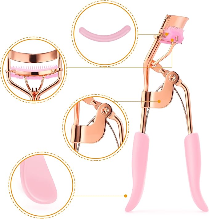 Eyelash Curler Kit Metal Eye Lashes Curler，Professional Makeup Tool with Built-in Comb Eye with 10 Replacement Refill Pads Get Dramatically Curled Eyelashes for Women Girl (Pink)