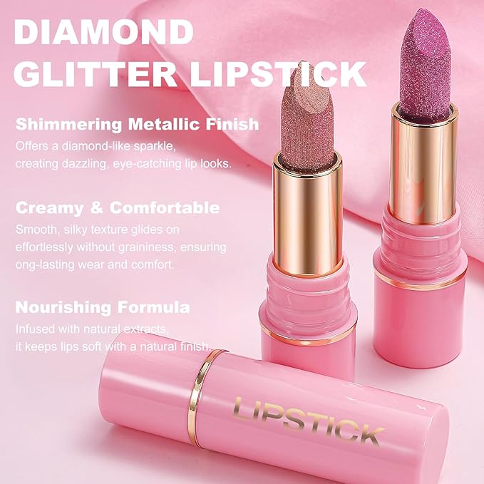 Metallic Lipstick Brown Glitter Lip Stick Long Lasting Waterproof Shine Lip Crayon without Drying or Fading Sparkling High Pigmented Lip Stain Transfer-proof Wear Full Coverage Make up