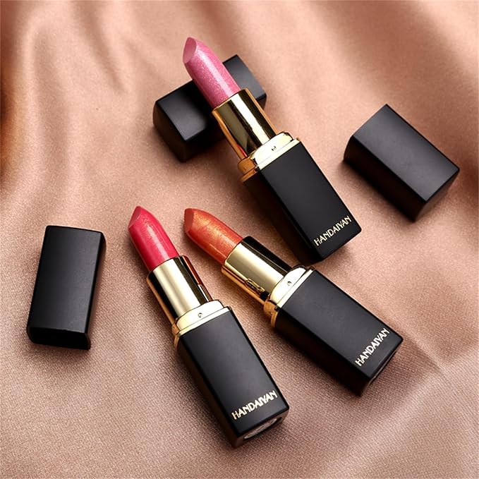 3Pcs Metallic Glitter Lipstick Set, Gold Rose Nude Pink Glitter Pearl Mermaid Shimmer Lipstick Sets for Women Waterproof Long Lasting 24 Hours Lip Stick Makeup Christmas Gift Sets-01#02#03#