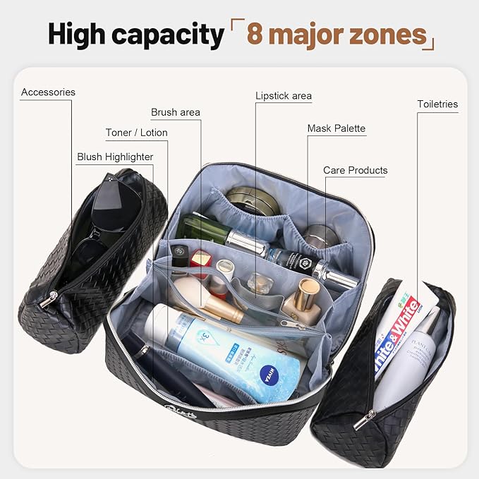 BOYATU Travel Makeup Bags for Women: 3 Pcs Large Make up Bags Set - Vegan Leather Cosmetic Bag for Traveling - Waterproof Toiletry Organizer (L33 Black)