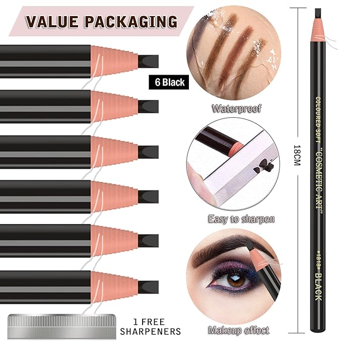 Waterproof Eyebrows Pencil Tattoo Makeup And Microblading Supplies Kit-Permanent Eye Brow Liners In 5 Colors Waterproof Eyebrow Pencils Peel - Brow Pencil Set For Marking (6 Black)