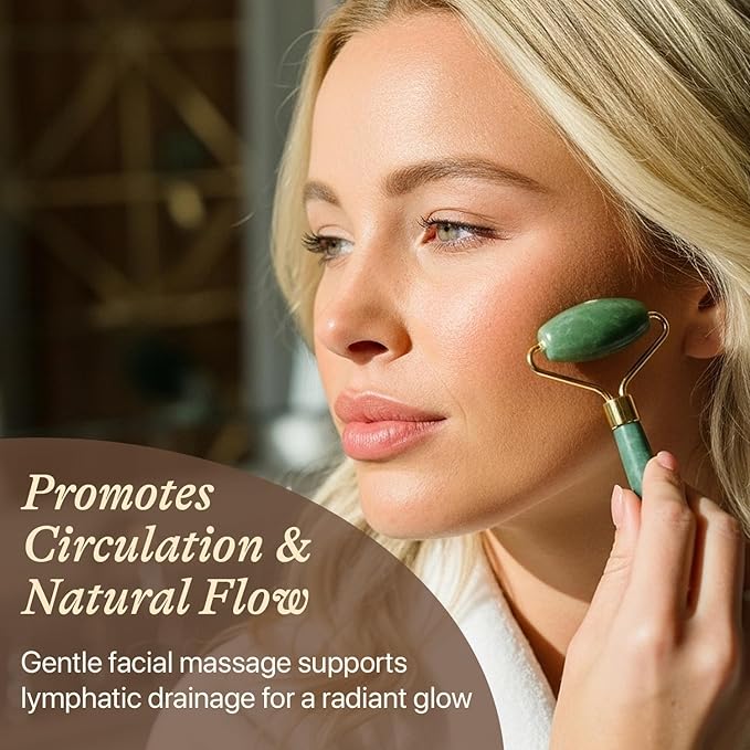 Jade Roller for Face - Smoothes Fine Lines & Wrinkles, Stocking Stuffers for Women, Massager Skin Care Tools with Small Eye Roller for Puffy Eyes, De-Puffing & Firming Facial Tool, Self Care Gifts