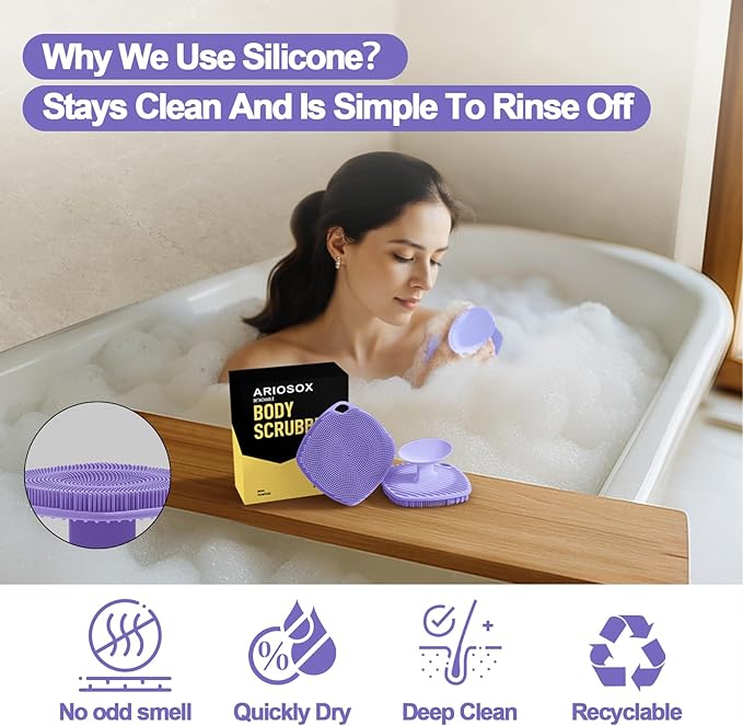 Silicone Body Scrubber, Gentle Texture Exfoliating Body Scrubber for Men and Women On Sensitive Skin, Soft Scrubber Produces Rich Form and Builds Up Lather, Getting a Deep Skin Clean (Purple)