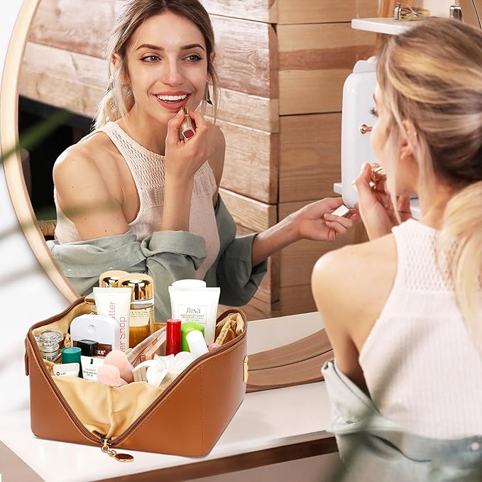 Birthday Gifts for Women Teen Girl, Personalized Initial Makeup Organizer Bag Set, Open Flat Travel Cosmetic Bag With Clear Divider and Handle(Brown,O)