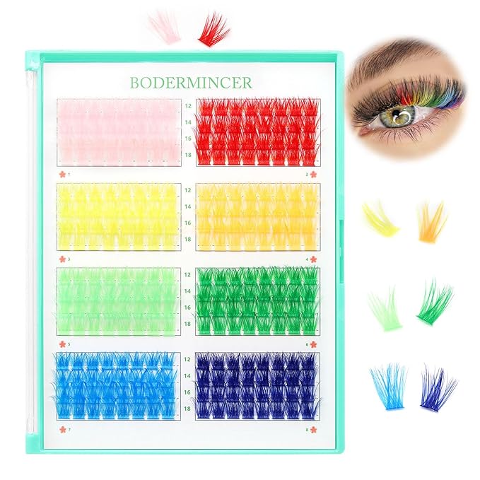 BODERMINCER D Curl False Eyelash Clusters, 8 Colors Collection, Individual Lash Extensions, 12-18mm Length For Beginner (A# 8 Colors-12-18mm D Curl)