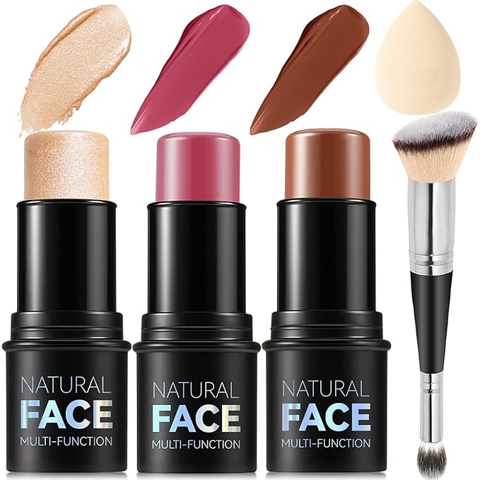 3Pcs Cream Contour Stick Makeup Kit, Shades with Highlighter, Blush and Bronzer Contour Stick for Sculpt the Cheeks, Long Lasting, Waterproof, Matte & Dewy Finish LIGHT FAIR(8+10+12)