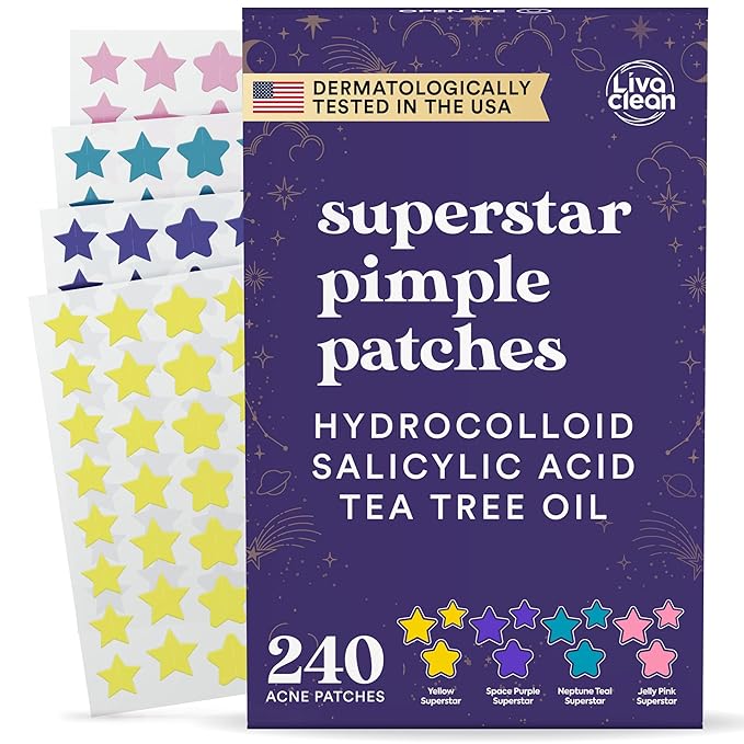 Livaclean Star Pimple Patches for Face w/ Hydrocolloid, Tea Tree oil & Salicylic Acid - Zit Stickers, Hydrocolloid Acne Patches for Face - Cute Pimple Patch, Acne Stickers