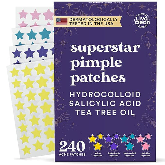 Livaclean Star Pimple Patches for Face w/ Hydrocolloid, Tea Tree oil & Salicylic Acid - Zit Stickers, Hydrocolloid Acne Patches for Face - Cute Pimple Patch, Acne Stickers