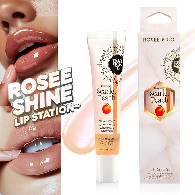 Rosee Lip Gloss Vegan & Cruelty Free Treatment, Professional Make up, Long Lasting Glossy with Shea Butter, Moisturize, Protect & Smooth, High Shine, Non-Sticky (m. Scarlet Peach, 0.5)
