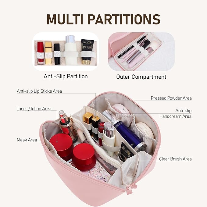 Large Capacity Cosmetic Bag for Women, Waterproof PU Leather Makeup Bag for Travel,Toiletry Bag Make up Organizer with Divider and Handle (Pink)