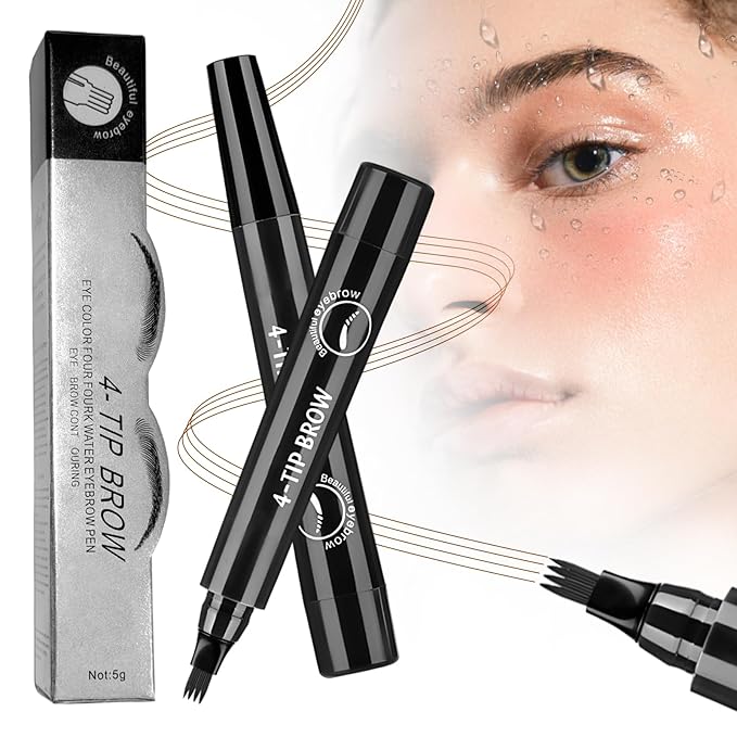 2Pcs Microblading Eyebrow Pencil for Women, Upgraded Waterproof Microblading Eyebrow Pencil with 4 Fork, Long-Lasting Fine Stroke Magic Eyebrow Pencils for Natural Makeup (Black)