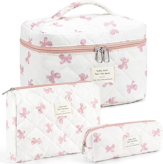 Makeup Bag for Women 3PCS Quilted Cotton Make Up Bag Travel Cosmetic Bag Large Makeup Bag Set Cute Bow Makeups Purse Organizer Floral Toiletry Pouch