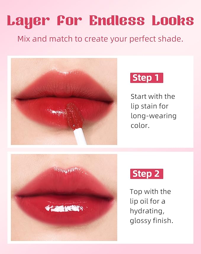bayfree Tinted Lip Oil & Lip Stain Set, Korean Makeup, Smudge-Proof,Long-Wearing, 2-in-1 Cheek and Lip Tint with Moisturizing, High-Shine, Lightweight & Non-Sticky for Dry Lips, Cruelty-Free & Vegan