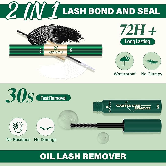 KEYYOU Lash Extension Kit DIY 300Pcs Lash Clusters Eyelash Extension Kit 50D C Curl 9-18MIX Lash Clusters Kit with Lash Glue Remover Applicator Easy to Use for Beginners(Kit,50D-C,9-18MIX)