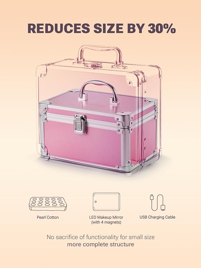 Qislee Makeup Box Mini with A Detachable Lighted Mirror, Waterproof Small Makeup Case,Cosmetic Organizer and Travel Train Case with Magnetic LED Mirror(Silver Frame Iridescent Pink)