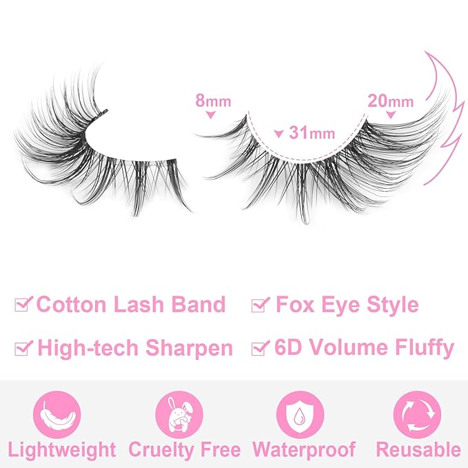 Manga Lashes Fox Eye False Eyelashes Natural Look Faux Mink Lashes Wispy Clear Band Spiky Cat Eye Strip Eyelashes Pack, 7 Pairs