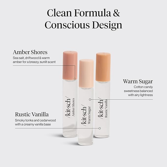 Kitsch Hair Perfume for Women - Trio Set | Clean, Deodorizing & Patented Odor-Eliminating Technology Hair Spray & Body Mist - Freshen Hair, Pillows - Amber Shores, Warm Sugar, Rustic Vanilla, 3x10mL