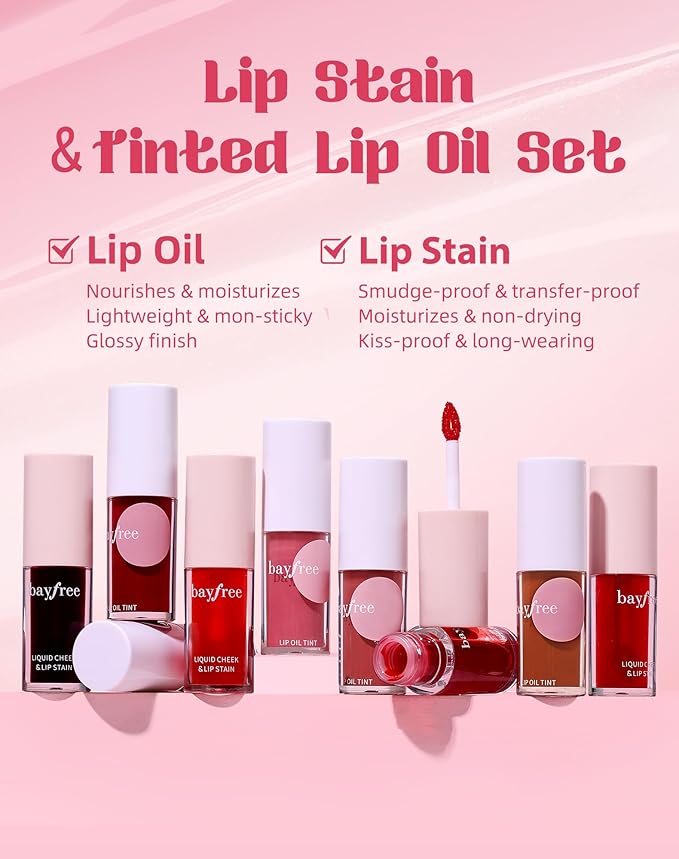 bayfree Tinted Lip Oil & Lip Stain Set, Korean Makeup, Smudge-Proof,Long-Wearing, 2-in-1 Cheek and Lip Tint with Moisturizing, High-Shine, Lightweight & Non-Sticky for Dry Lips, Cruelty-Free & Vegan