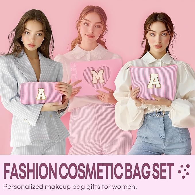 2 PCS Initial Makeup Bags for Women: Cosmetic Bag for Travel Toiletry - Birthday Gifts for 11 12 13 14 15 16 17 18 Years Old Girl Graduation Teacher Gift- Teen Girl Gifts Trendy Stuff - Pink N