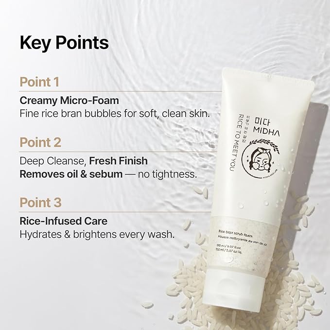 MIDHA RICE BRAN SCRUB FOAM 5.07fl.oz/150ml, Deep Cleansing, Pore-Purifying, Gentle Exfoliating – Soft Micro-Foam Face Wash with Balanced pH & Hydrating, Nourishing Care
