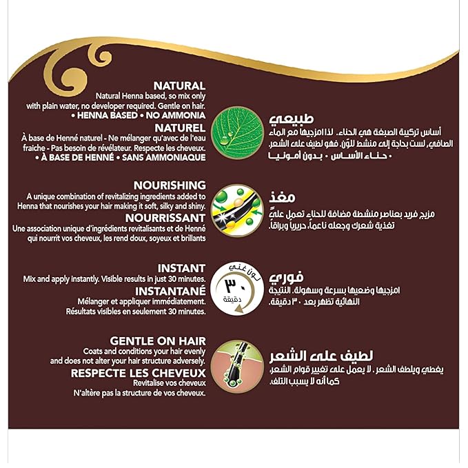Dabur Henna Hair Color - Natural Brown, Henna Hair Dye and Conditioner, 0% Ammonia, 100% Grey Coverage, 6 Sachets X 10g