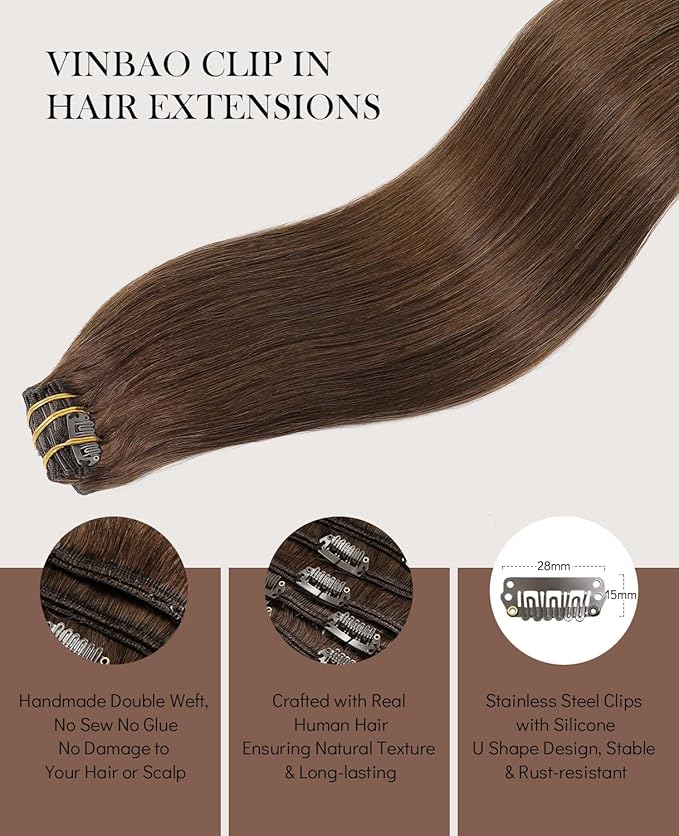 VINBAO Brown Clip in Human Hair Extensions Real Human Hair Extensions Clip in Hair Silky Straight 6pcs 120g 22inch #4 Medium Brown Hair Extensions Double Weft (#4, 22'')